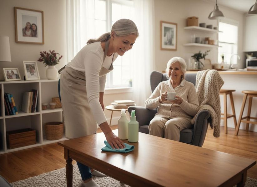 Caregiver cleaning for an elderly woman at home