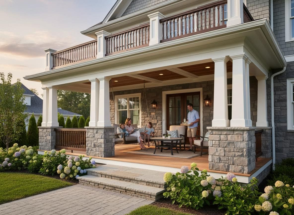 Family relaxing on a large, inviting front porch of a stone and wood home