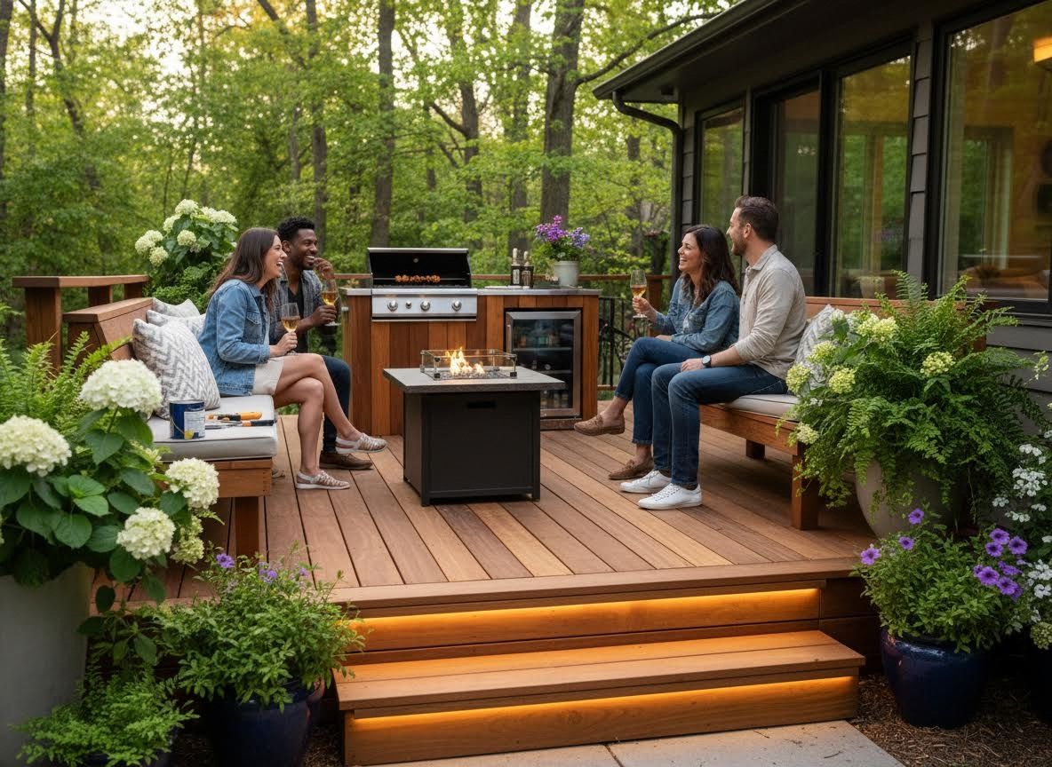 Friends Enjoying a Modern Outdoor Deck with Fire Pit and Grill