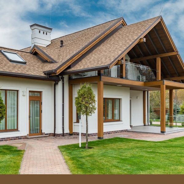 modern-rustic style home exterior, white walls, wood supports