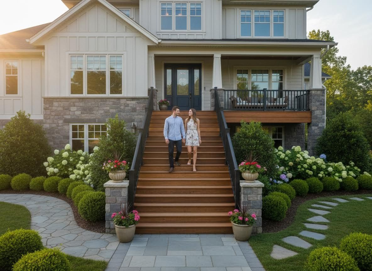 Couple Descending Grand Stairs of Modern Home