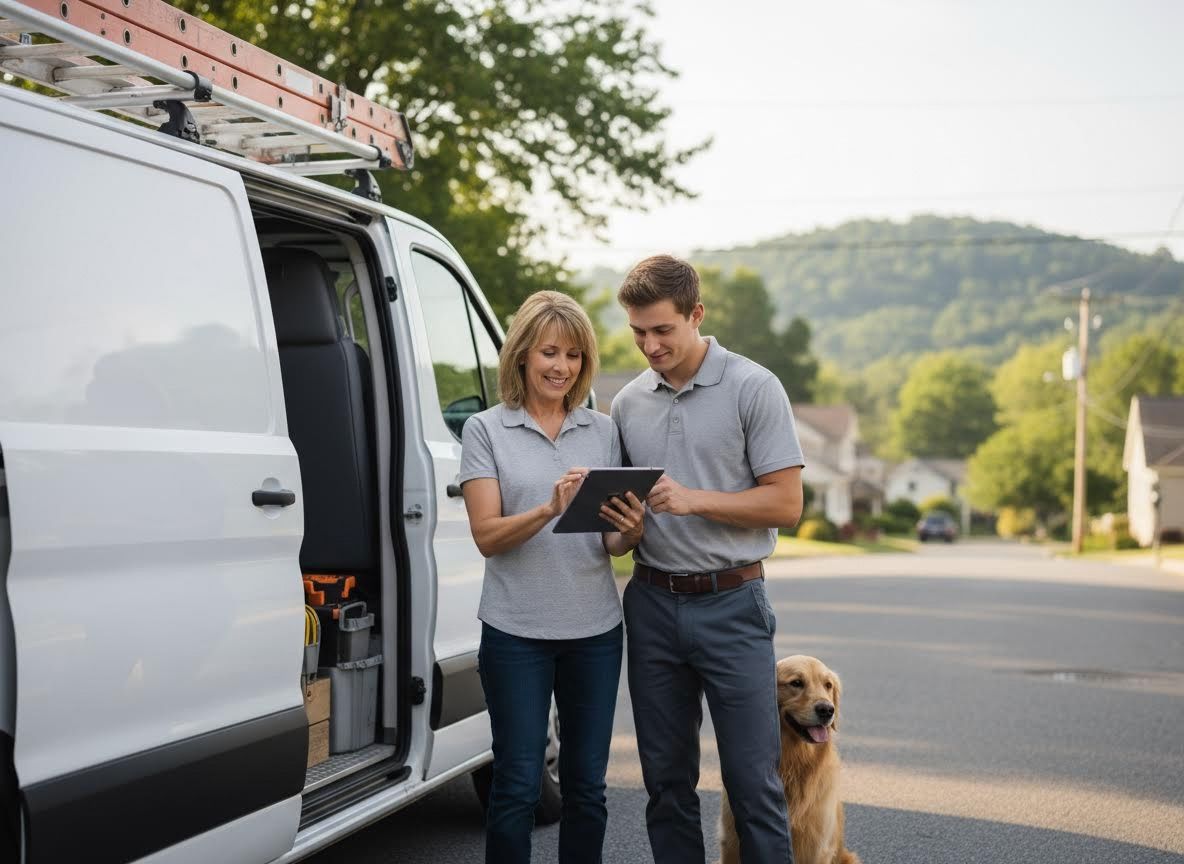 Service team reviewing digital tablet with dog
