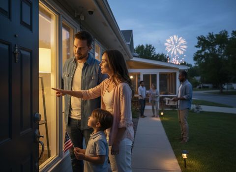 A family and their neighbors gather outside their homes to watch a fireworks display on a summer night. Family and neighbors watching fireworks at night