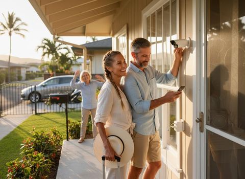 A smiling couple installs a smart security camera on their porch as an older woman waves goodbye from the driveway. Couple Installing Smart Security Camera While Departing