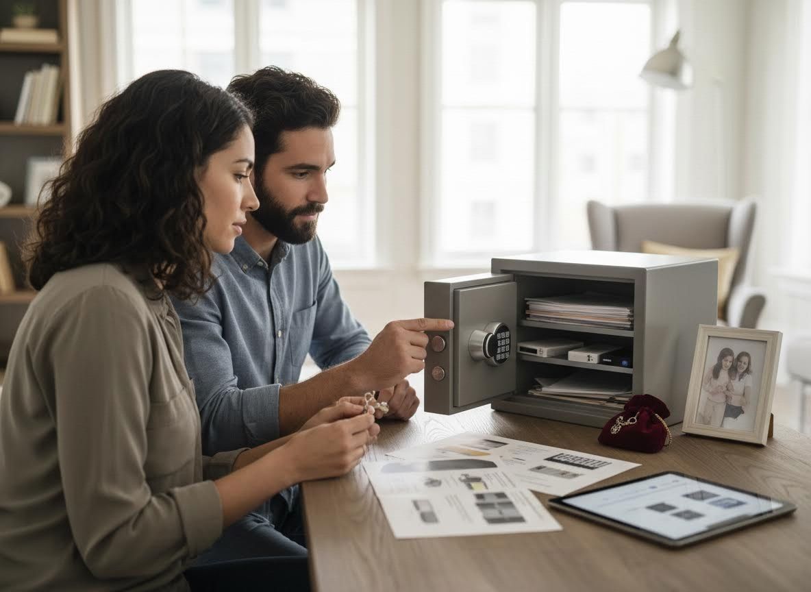 Couple reviewing a home safe and personal valuables