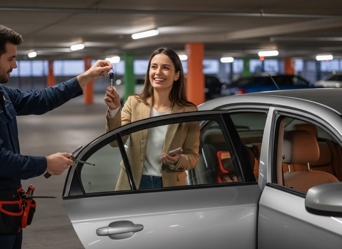 Woman receiving car keys in parking garage