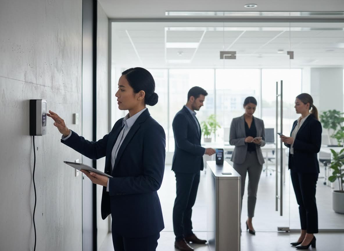 Businesswoman using access control system in modern office