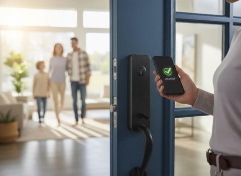 A person unlocks a smart door lock with a smartphone showing an 'UNLOCKED' message, as a family enters their bright home. Smart Door Lock Unlocked by Phone App