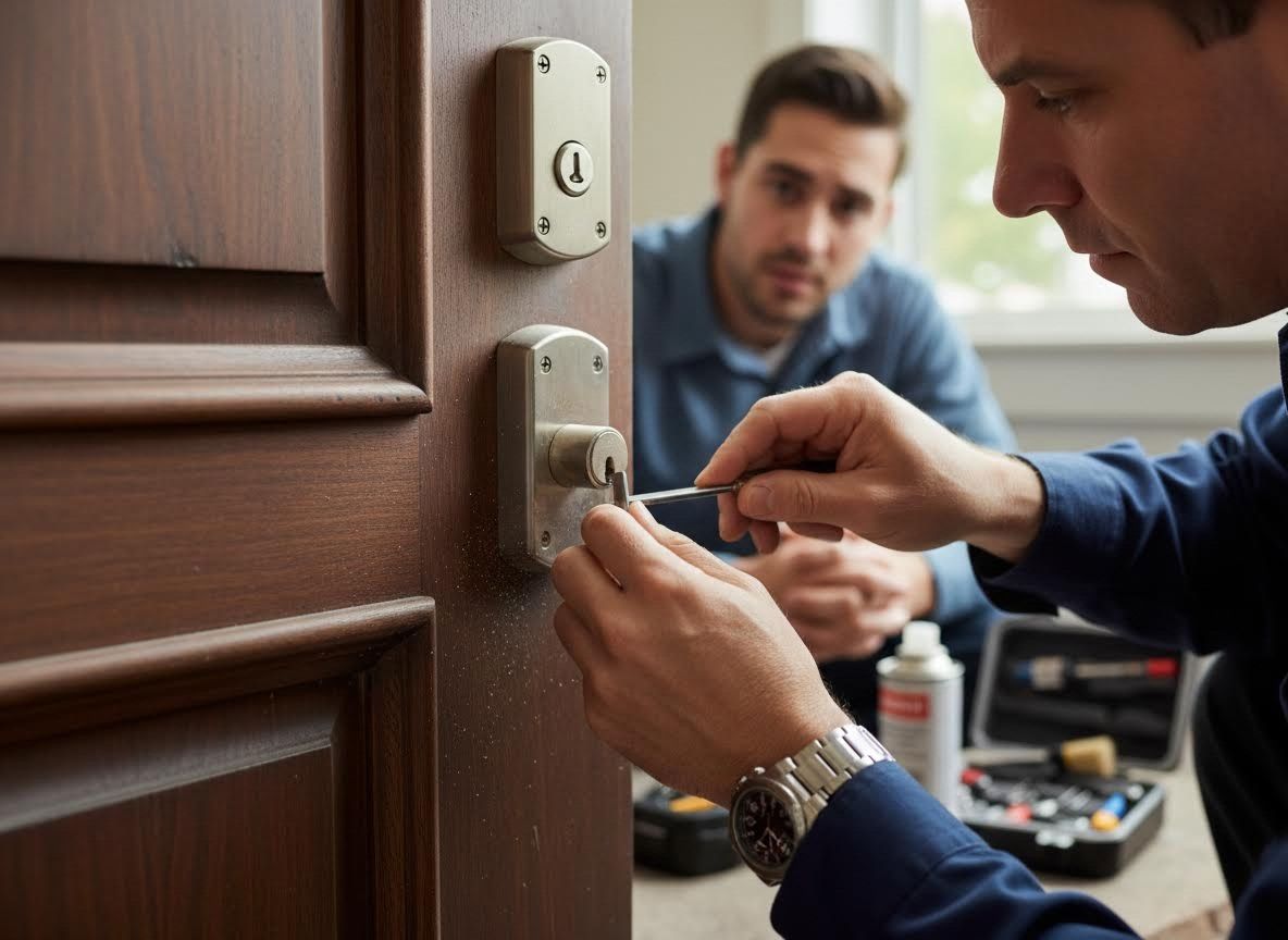 Locksmith repairing a door lock