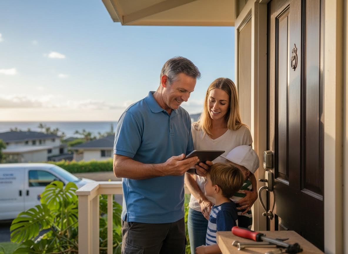 Family on porch reviewing tablet content