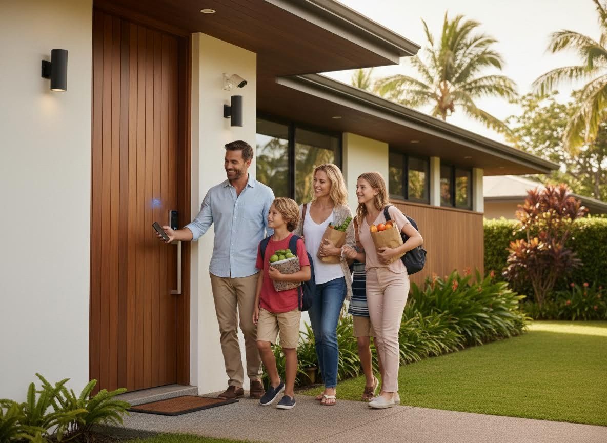 Family Arriving Home with Smart Door Lock