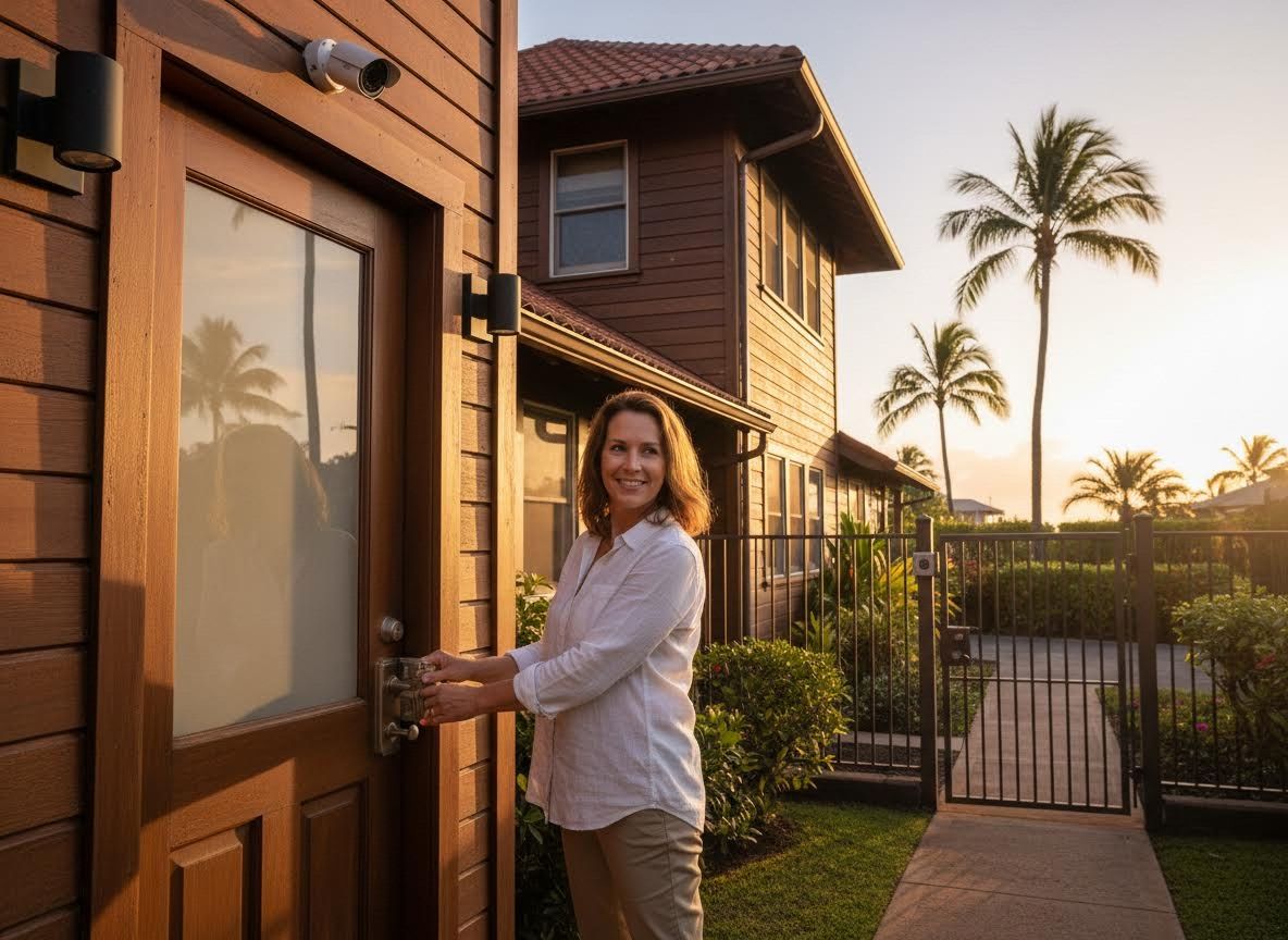 Smiling woman opening front door of home with security camera