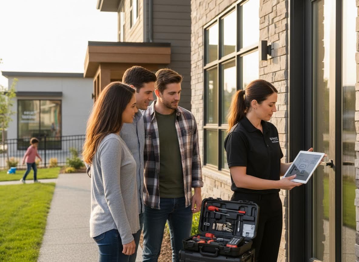 Technician Demonstrates Smart Home Security System to Couple