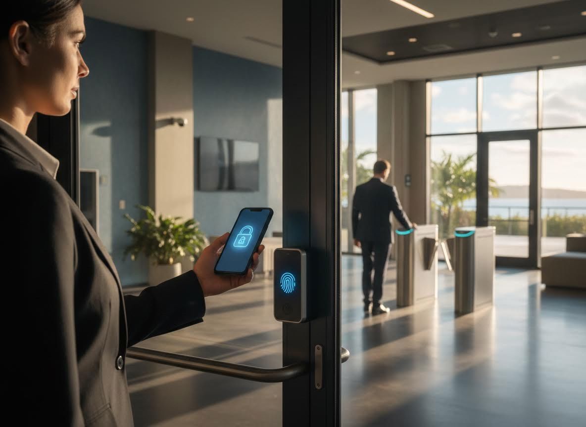 Woman using smartphone for secure office access