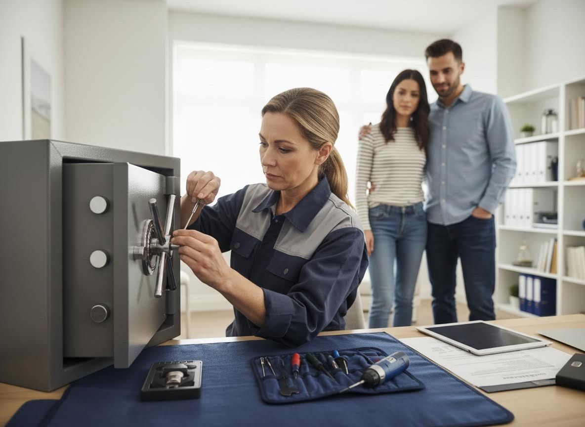 Female Locksmith Repairing Safe for Homeowners