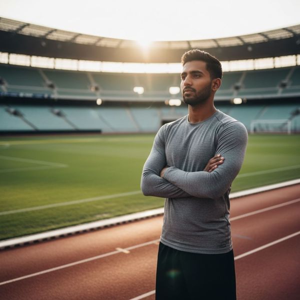 A focused male athlete with dark skin and short dark hair stands on a running track inside a stadium at sunset, arms crossed, looking thoughtfully into the distance. His posture conveys confidence and mental preparation.