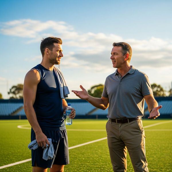 coach and an athlete talking together on a field coach and an athlete talking together on a field