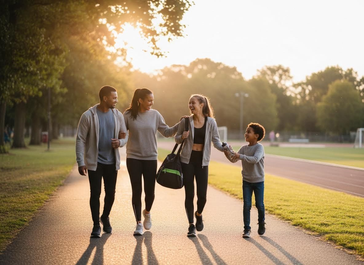 Family Walking on Path at Sunset