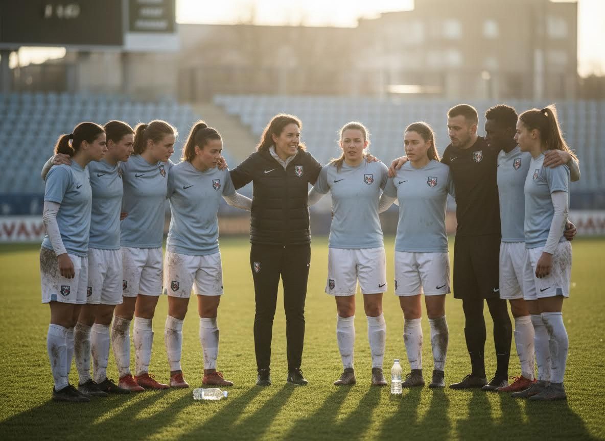 Female Football Team and Coaching Staff on Field