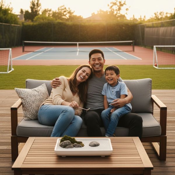 A male tennis player with Asian features, wearing a gray t-shirt and white wristband, stands on an indoor blue tennis court, holding a tennis racket. He smiles subtly and touches his forehead, looking thoughtfully off to the side, conveying a moment of cla