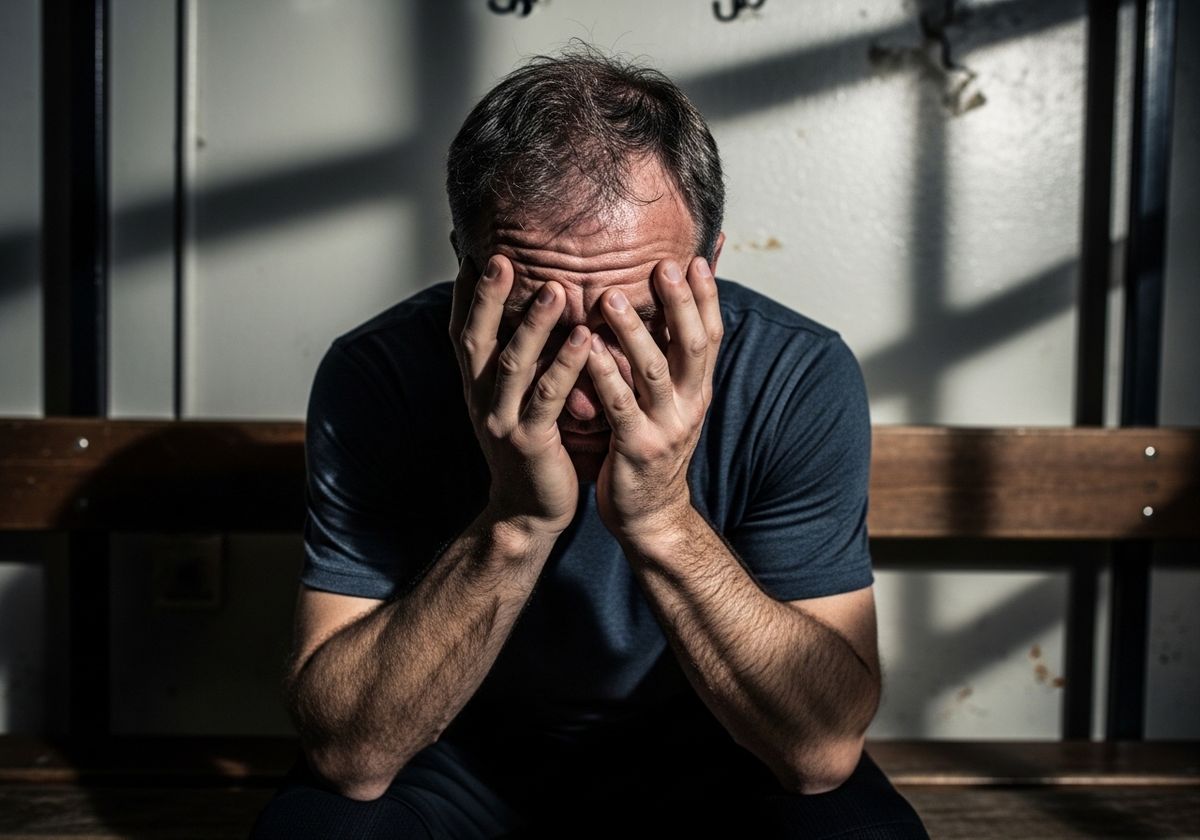 Man with hands covering face, seated in distress