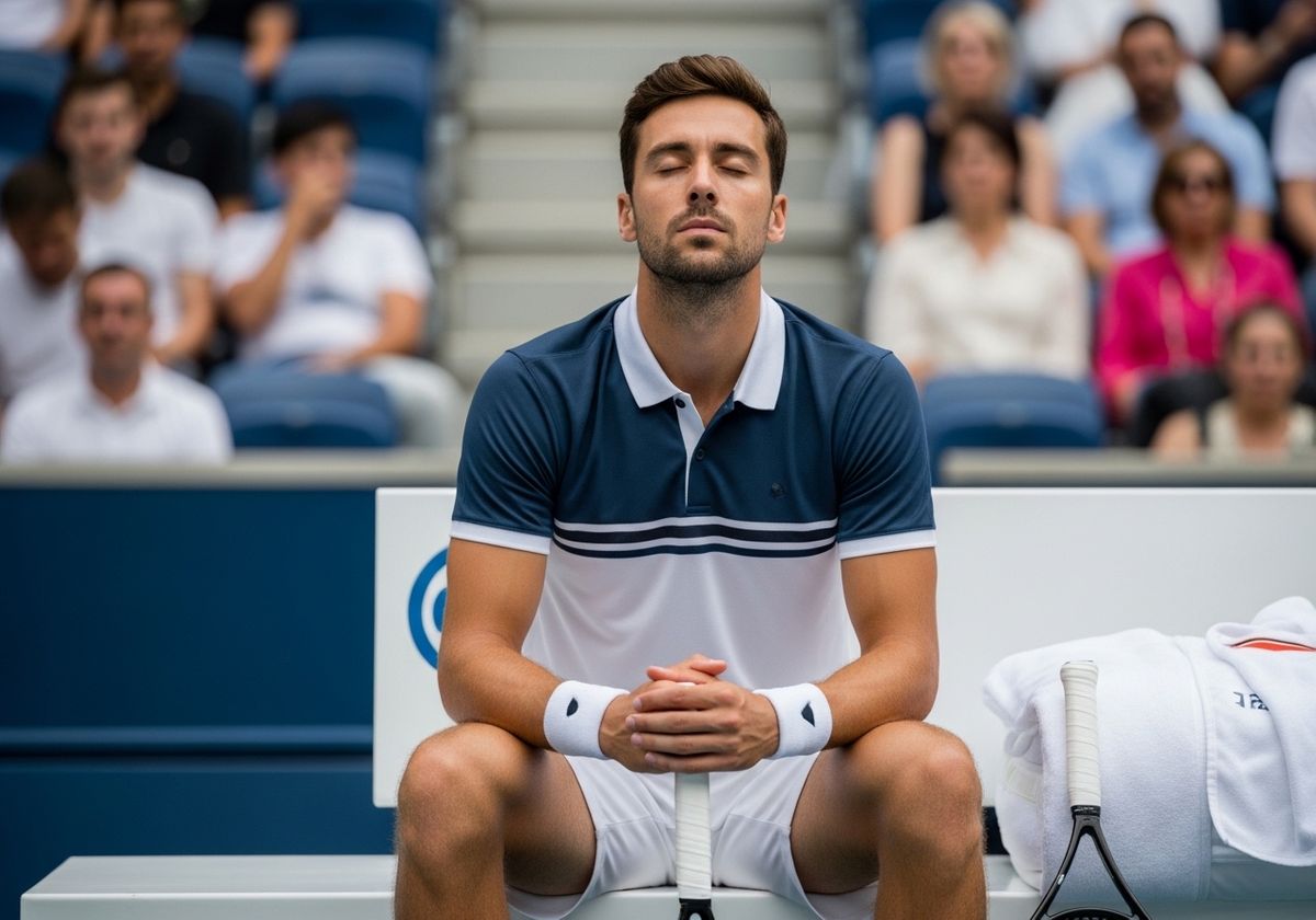 Tennis player meditating on bench
