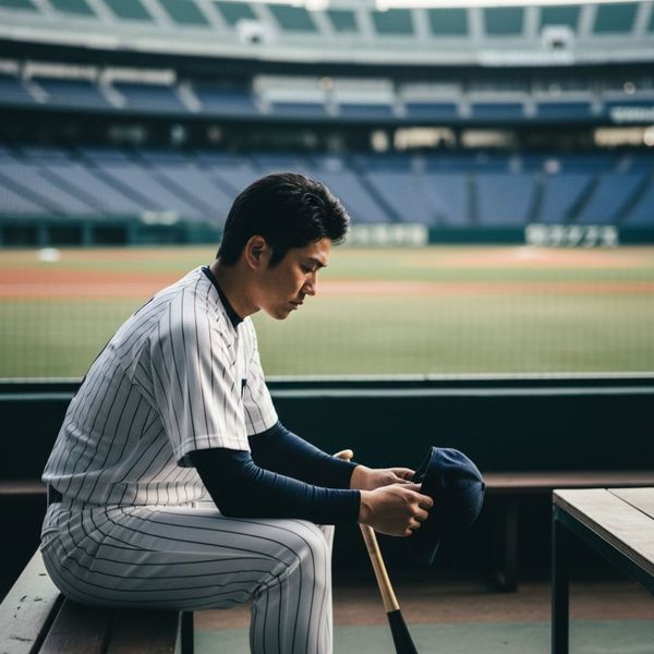 A male baseball player, wearing a white pinstriped uniform, sits on a bench in a dugout, looking down thoughtfully at his baseball cap held in his hands. A baseball bat rests beside him, and the empty stadium field and seats are visible in the background, 