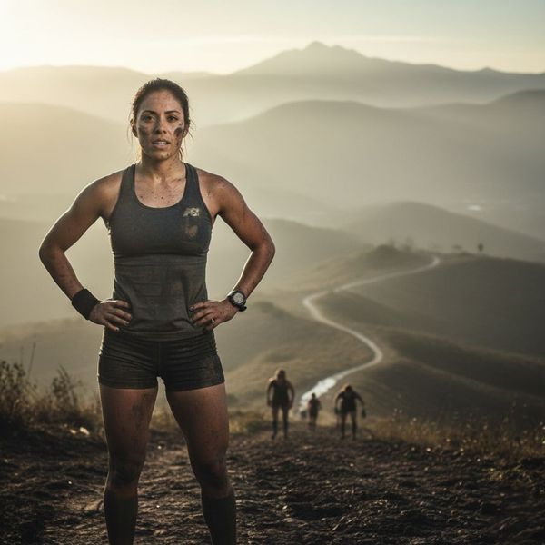 A determined female athlete, covered in mud from a demanding race, stands confidently with her hands on her hips on a dirt trail. She looks directly at the viewer, conveying strength and accomplishment, with a mountainous, winding trail and other distant f