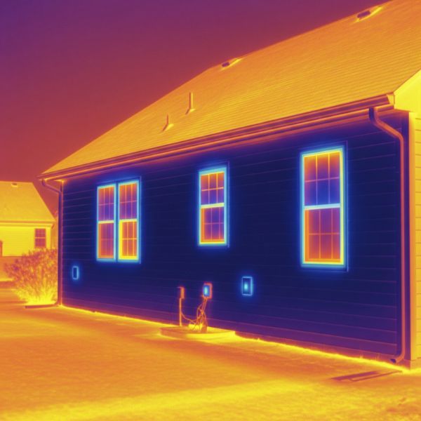 A thermal image of a house showing heat loss in blue around windows and outlets. Spray Foam vs. Traditional Insulation2.jpg