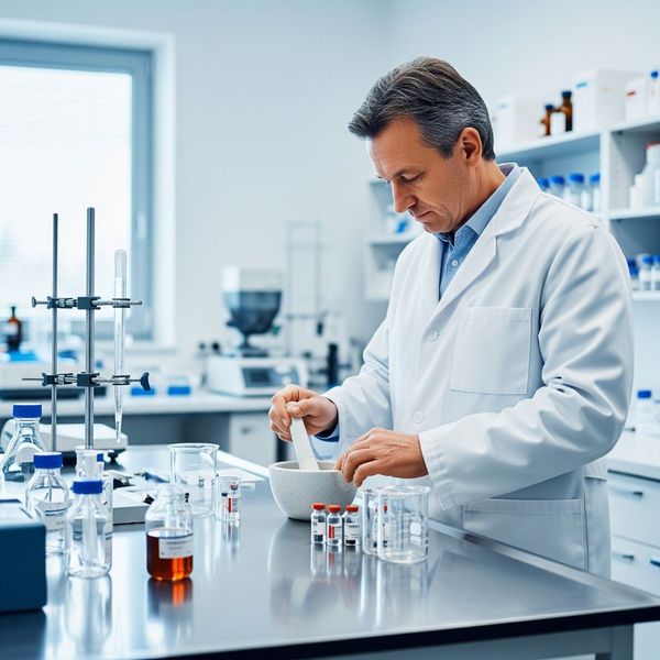 A pharmacist carefully measures ingredients in a modern laboratory to create a custom medication. A pharmacist carefully measures ingredients in a modern laboratory to create a custom medication.