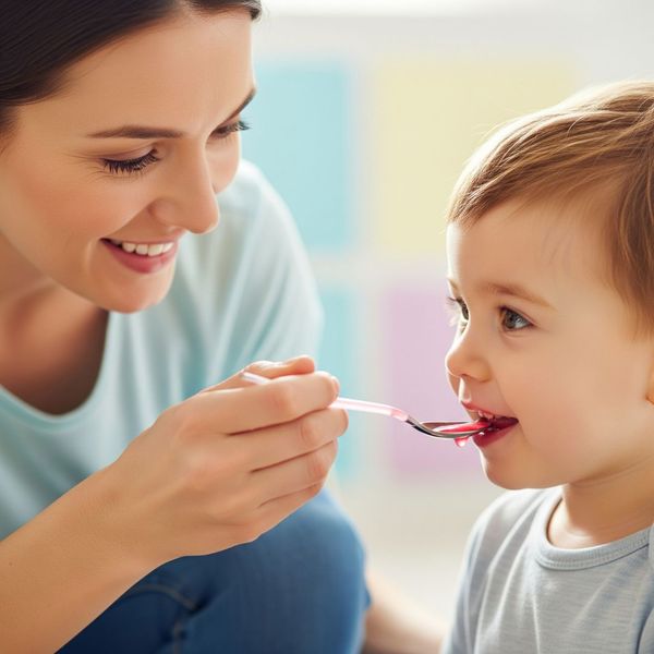 A young child smiling as they take custom-flavored liquid medicine from a spoon. A young child smiling as they take custom-flavored liquid medicine from a spoon.