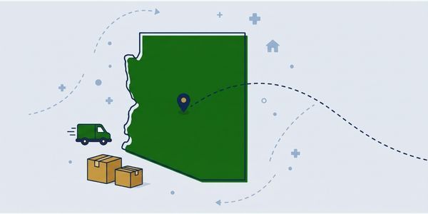 Illustration of shipping to Arizona with delivery truck.