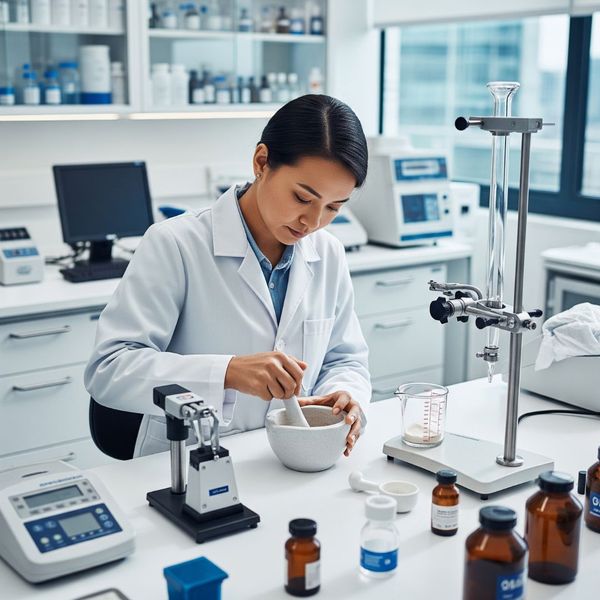 A pharmacist carefully measures ingredients in a modern laboratory to create a custom medication. A pharmacist carefully measures ingredients in a modern laboratory to create a custom medication.