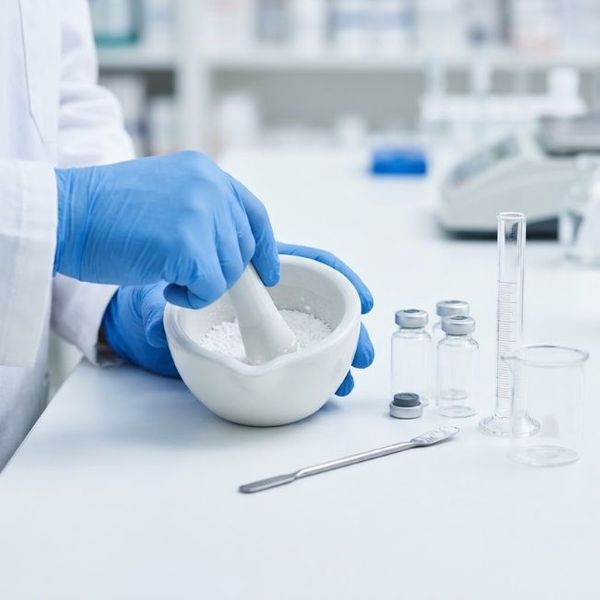 Pharmacist using mortar and pestle to compound medication.