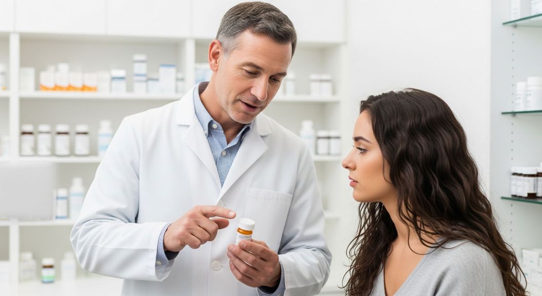 A pharmacist at Wellness Pharmacy discusses personalized medication options with a patient in a bright, professional setting.