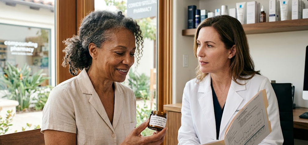 a patient speaking with a doctor How Compounding Pharmacies Support Healthy Skin Aging Hero