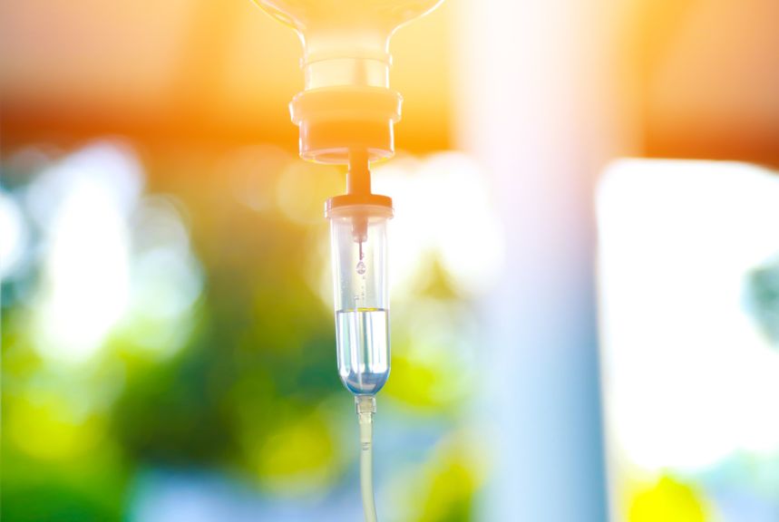 IV drip, soft lighting, window outdoors in background