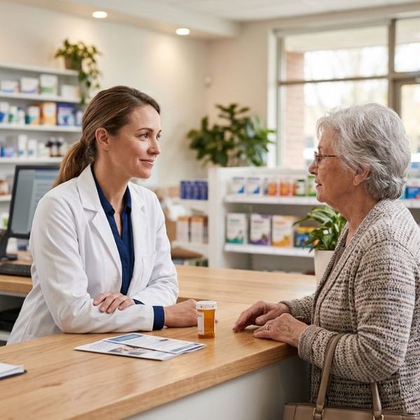Pharmacist counseling senior woman at pharmacy counter.