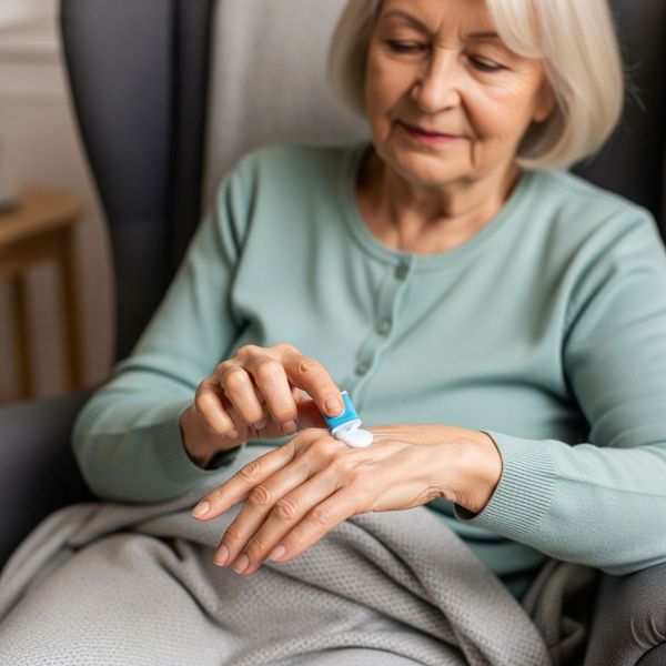 An elderly patient easily applying a topical pain relief cream to their hand. An elderly patient easily applying a topical pain relief cream to their hand.