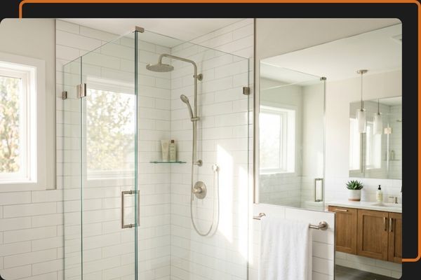 Interior view of a brightly lit, modern bathroom in Trail, BC, showing a custom-installed frameless heavy glass shower enclosure.
