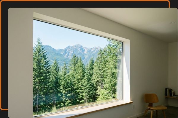 Sunlight streams through a large residential picture window with a mountain view.