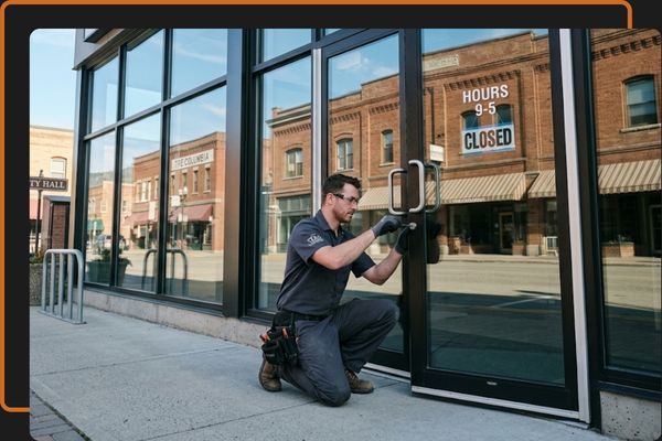 Ground-level view of a sleek glass storefront in downtown Trail, BC, with a Kootenay Glass technician adjusting the main entrance door hardware.