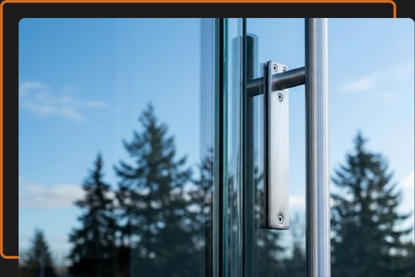 A modern commercial glass entrance door handle with reflections of trees and sky.