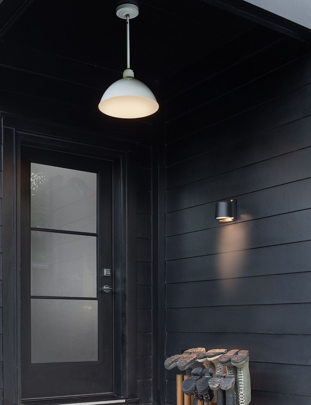 Outdoor pendant and sconce by entryway