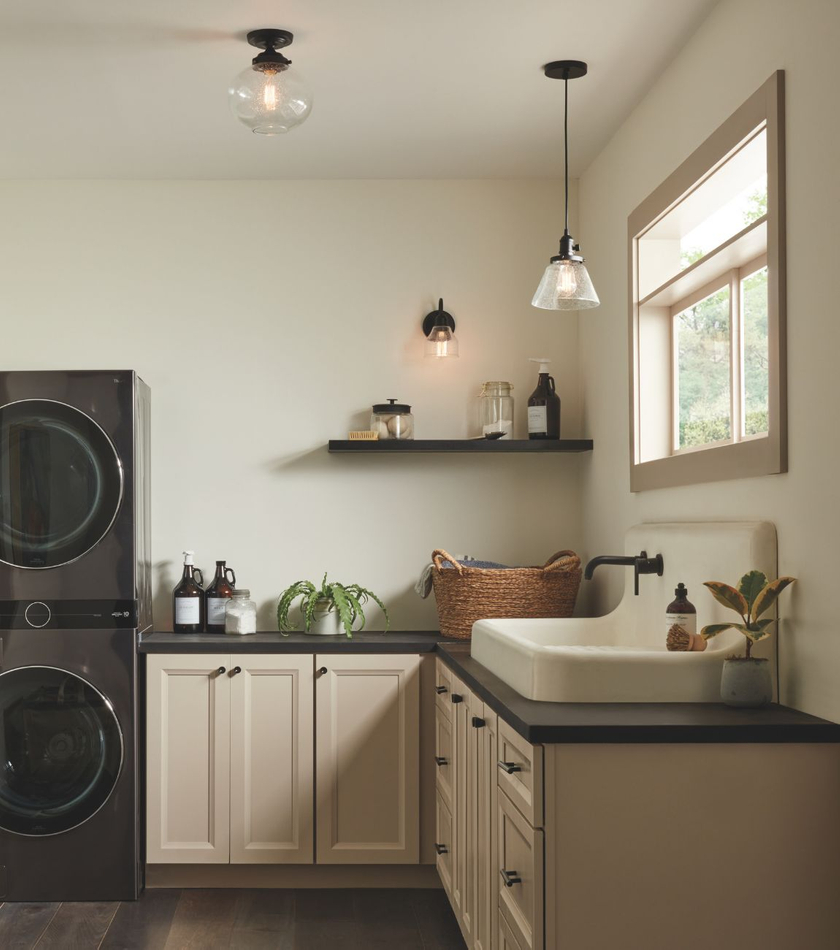 Modern laundry room with natural lighting and pendent, sconces, and semiflush mount lighting