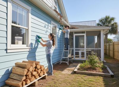 Couple Cleaning Gutters on a Blue House