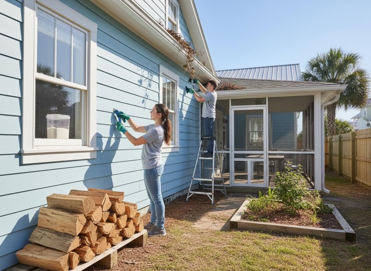 Couple Cleaning Gutters on a Blue House