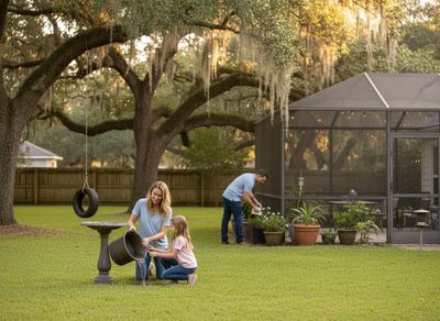 Family enjoying yard work together