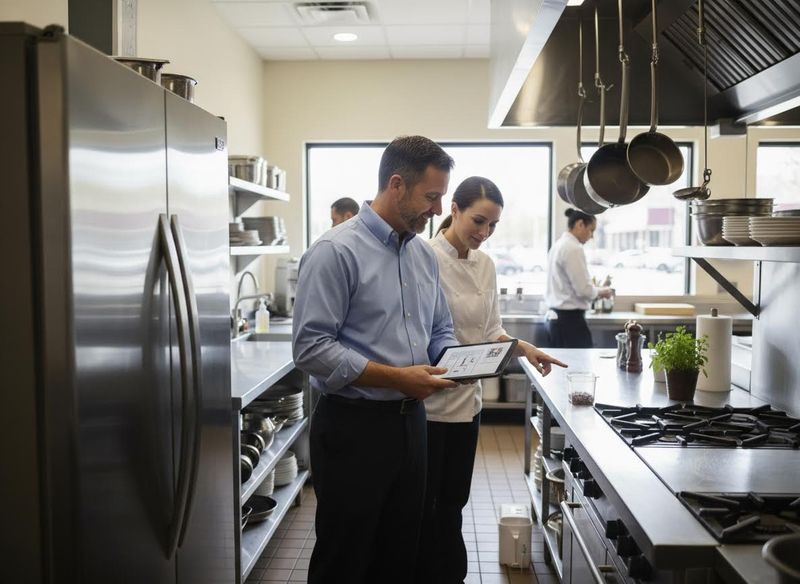 Chef and manager review tablet in a commercial kitchen