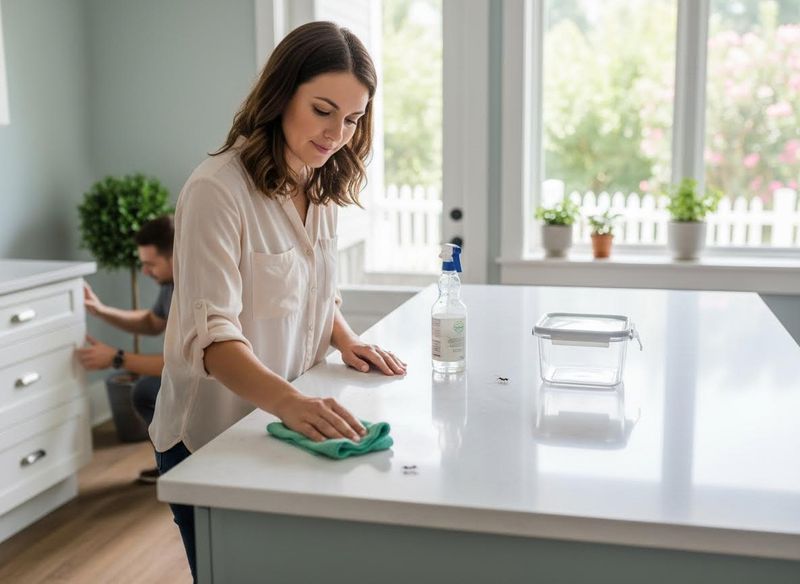 Woman cleaning kitchen counter with ants